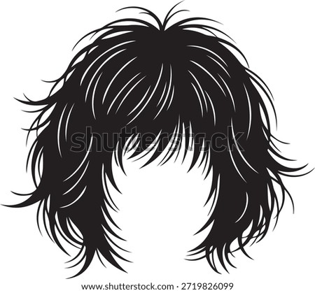 Black silhouette of messy layered medium length hair with bangs on white background hair silhouette