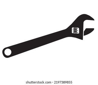 Black silhouette  of Metal adjustable wrench isolated on white background white background. Repair tool. Vector illustration