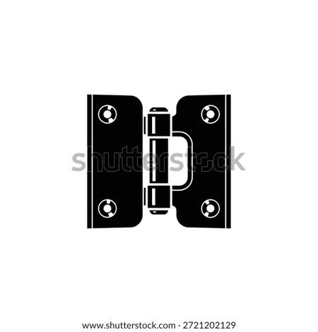 Black silhouette of a metal hinge with circular screw holes on a white background.