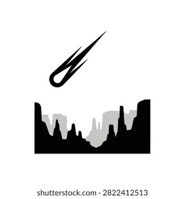Black silhouette of meteorite flying over city skyline