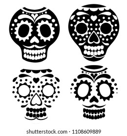 Black silhouette. Mexican skull mask collection. Day of The Dead skull, cartoon style. Sugar skull with floral element. Vector flat illustration isolated on white background.