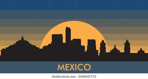 Black silhouette of the Mexico against the background of the night starry sky and a large yellow moon