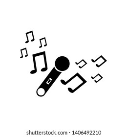 Black silhouette of microphone with music signs. Simple icon. Holiday decorative element. Vector illustration for design.