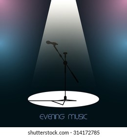 Black silhouette microphone standing on an empty stage under the light of spotlight. beam of light on the podium in the dark. Vector illustration
