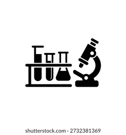 Silhueta preta do microscópio e equipamento de laboratório no fundo branco