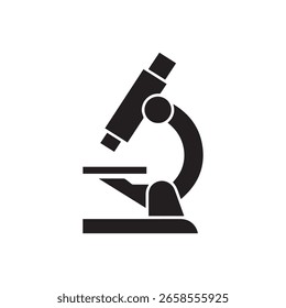 Silhueta preta de um microscópio em um fundo branco, ícone simples da ciência. Perfeito para publicações científicas, materiais educacionais e documentos de pesquisa.