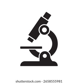 Black silhouette of a microscope on a white background, representing a science and laboratory tool. It is simple, vector style, and suitable for icon use.