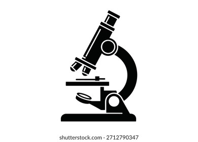 Se muestra una silueta negra de un microscopio sobre un fondo blanco. La ilustración describe claramente la estructura del microscopio, presentando la lente ocular, las lentes objetivas, el brazo, el escenario y la base. Esta herramienta científica icónica está representada en un estilo gráfico simplificado, lo que la hace adecuada para representar conceptos relacionados con la ciencia, la investigación y la educación.