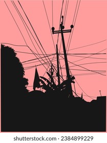 Black silhouette of midtown urban cityscape style with irregular cable transmission. Cables. Electrical. Electricity. 