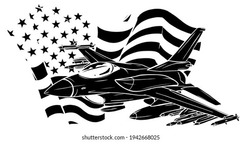 Black Silhouette Of Military Fighter Jets With American Flag. Vector Illustration