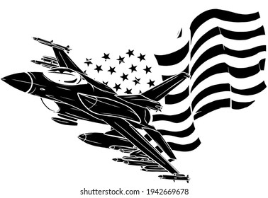 Black Silhouette Of Military Fighter Jets With American Flag. Vector Illustration