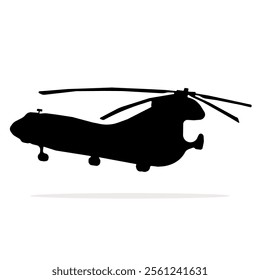 Black silhouette of a military transport helicopter, isolated on a plain background.