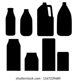 Black silhouette. Milk containers collection. Cardboard box, plastic and glass bottle. Milk template. Flat vector illustration isolated on white background.