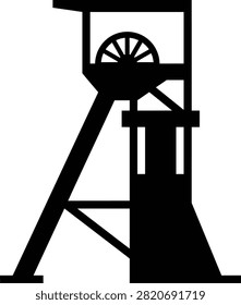 Black silhouette of a mining headframe tower or pithead shaft frame for industrial mineral and coal extraction.