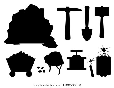 Black silhouette. Mining icon set. Cartoon mine entrance, and tools for mining and quarrying. Retro tunnel. Old mine in desert. Flat vector illustration isolated on white background.