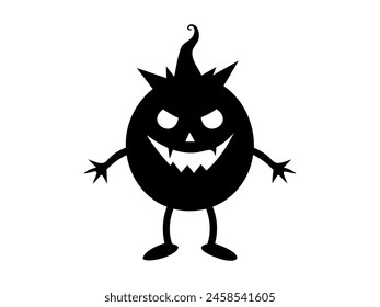 Silueta negra de un travieso monstruo de dibujos animados. Juguetona figura del diablo. Aislado sobre fondo blanco. Concepto de personaje de Halloween, villano de dibujos animados, espeluznante diversión, fantasía infantil