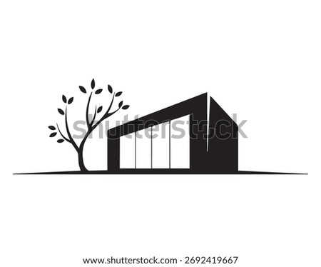 A black silhouette of a modern, angular house with a large, sloped glass facade, positioned next to a stylized tree with sparse leaves on a white background.