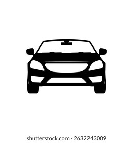 Black silhouette of a modern car with bold lines and a sleek front view. Silhouette of a car on a white background