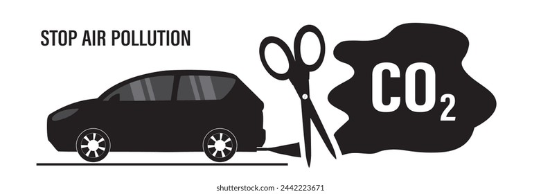 Black silhouette of modern car with smoke. Stop air pollution, concept banner. Ecology problem. Big scissors cuts high emission co2. Rejection of petrol cars. Auto runs on non-ecological fuel. Vector