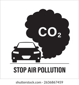Black silhouette of modern car with smoke. Stop air pollution, ecology problem. High emission co2. Auto runs on non-ecological fuel. Exhaust auto, co2, smoke. Front view. flat vector illustration