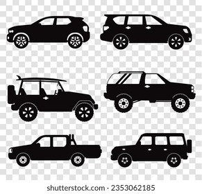 Black Silhouette of modern city cars isolated on transparent grid
