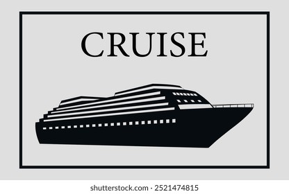  Black silhouette of a modern luxury cruise ship. Transportation of passengers. Vector on a gray background