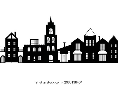 Black silhouette of modern and old houses. Street with villas and cottages.