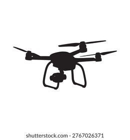 A black silhouette of a modern quadcopter drone isolated on a white background