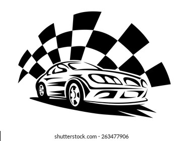 Black silhouette of modern racing car with checkered flag on the background for automotive sporting competition emblem or logo design