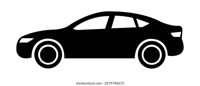 Black silhouette of a modern sedan car, designed as a minimalistic vector icon. Perfect for use in automotive design projects, transportation themes, or as a symbol for car-related industries. 