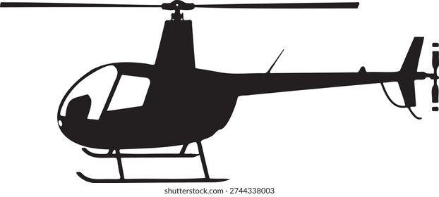 Black silhouette of a modern single engine helicopter with rotor blades and tail rotor isolated on a clean white background