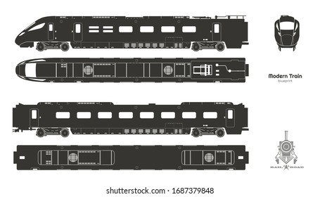 Black silhouette of modern train. Side, top and front views. Isolated locomotive blueprint. Railway vehicle. Railroad pessenger transport. Vector illustration