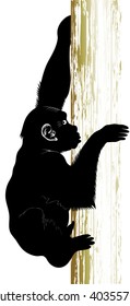 The black silhouette of a monkey clambers upwards on a wooden pillar