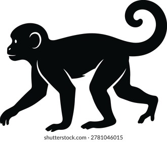 A black silhouette of a monkey with a curled tail, depicted in a walking pose.