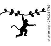 Black silhouette of a monkey hanging from a tree branch. Playful monkey silhouette hanging from a leafy tree branch. vector illustration isolated on white background.