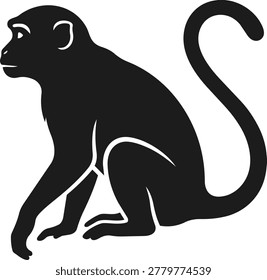 A black silhouette of a monkey in a seated position, showcasing its curved tail and distinct facial features.