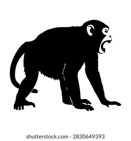 A black silhouette of a monkey standing on all fours, showcasing its profile with detailed facial features and tail, set against a plain white background.