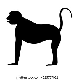 The black silhouette of a monkey with a tail standing on all fours on a white background