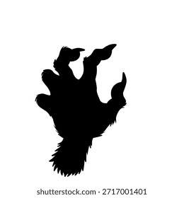 Black silhouette of a monster hand with sharp claws reaching upward, isolated on white background. Scary fantasy creature hand concept for horror and Halloween design