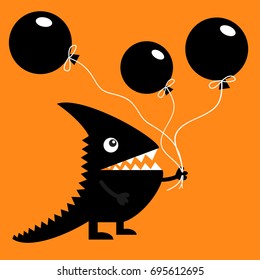 Black silhouette monster with sharp tail horn fang tooth eye. Holding three balloons. Happy Halloween. Cute cartoon funny character. Baby collection Greeting card Flat design. Orange background Vector