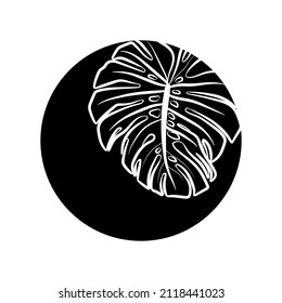 Black silhouette of monstera leaf in black circle. Graphic drawing. Vector illustration.