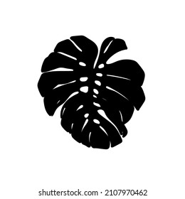 Black silhouette of monstera leaf on white background. Graphic drawing. Vector illustration.