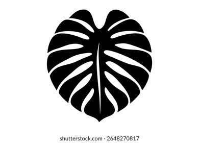 A black silhouette of a monstera leaf is shown against a white background The leaf is depicted in a simple vector style with clean lines and solid black fill.