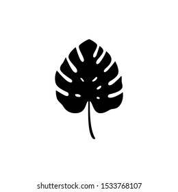 Black silhouette of monstera leaf. Vector isolated illustration with tropical leaf on white background. Can be used for printing, banners, postcard, websites, clothing, design interior.