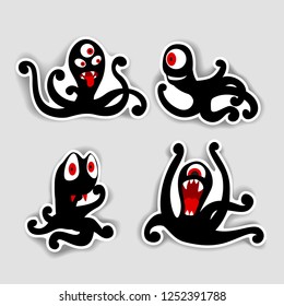 Black silhouette monsters octopus set of stickers
