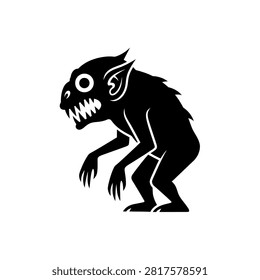 A black silhouette of a monstrous creature with sharp teeth and large eyes, depicted in a cartoonish style.