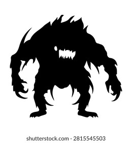 Black silhouette of a monstrous creature with spiky hair, sharp teeth, and a menacing stance, emphasizing a fantasy or horror theme.