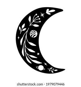 Black silhouette of moon , floral elements. Vector illustration in linocut style. 