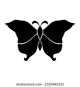 Black silhouette of a moon moth. Black magic insect on white background. Linocut style. Template for modern poster, card, t shirt print, trendy tattoo.