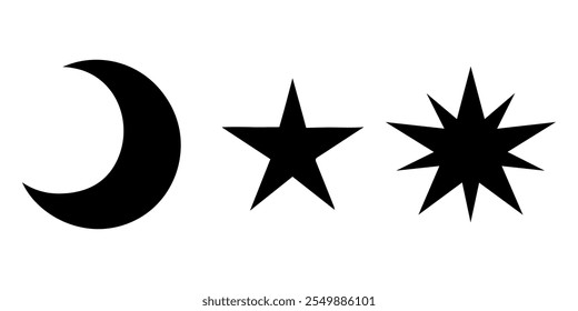 Silueta negra de la luna con la Ilustración vectorial de las estrellas aislada en el fondo blanco. Forma redonda negra con la luna y la silueta de la estrella en el fondo blanco. Icono de diseño de ilustración de signo de Vector. Pro